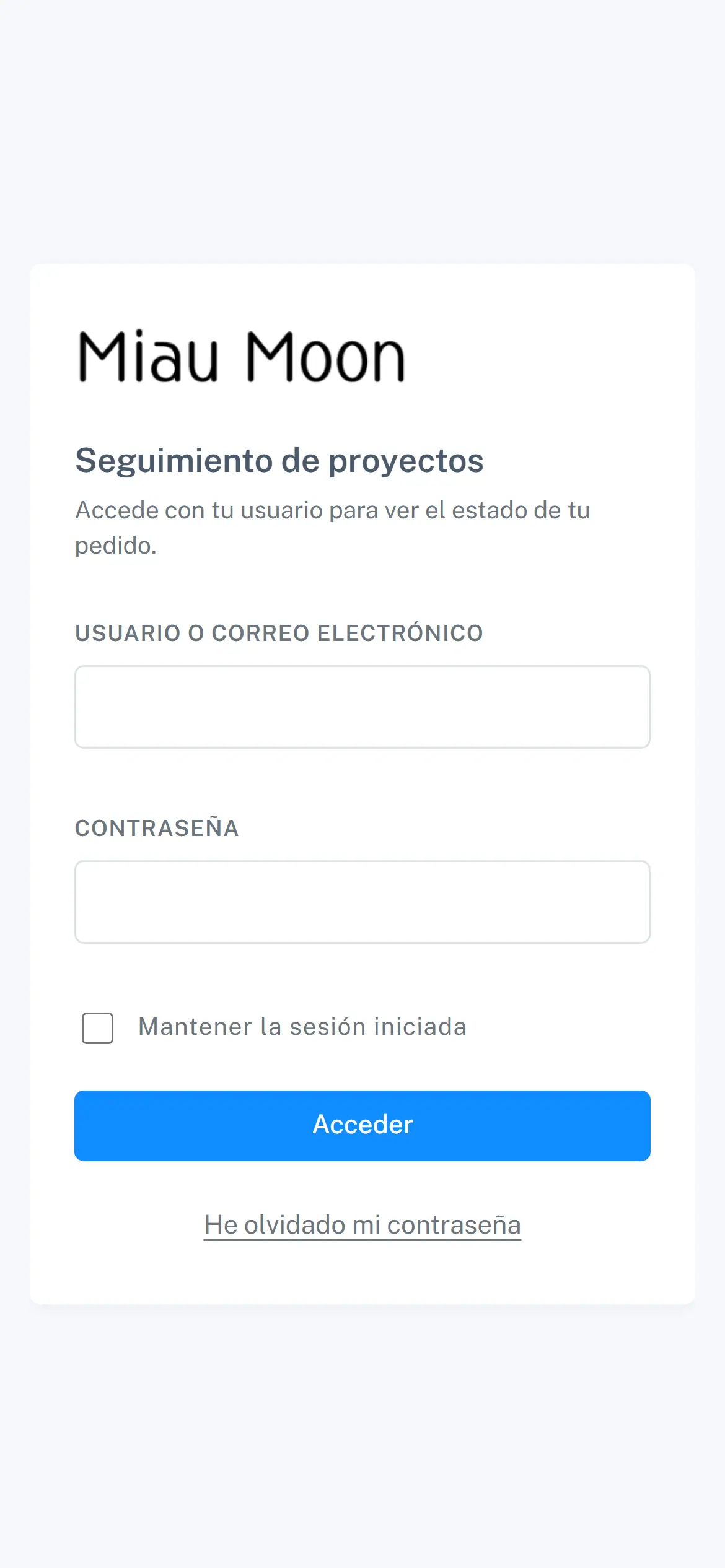 Pantalla de entrada de la aplicación de seguimiento de proyectos de Miau Moon en un móvil
