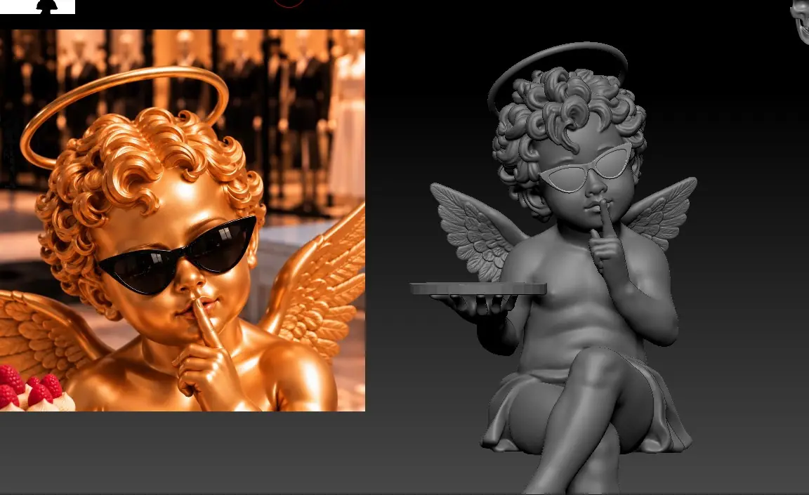 La imagen de partida del cupido dorado junto al modelo en 3D en gris, sentado y con la bandeja