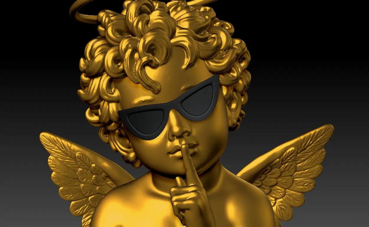 Render del cupido en dorado con gafas de sol, antes de fabricarlo