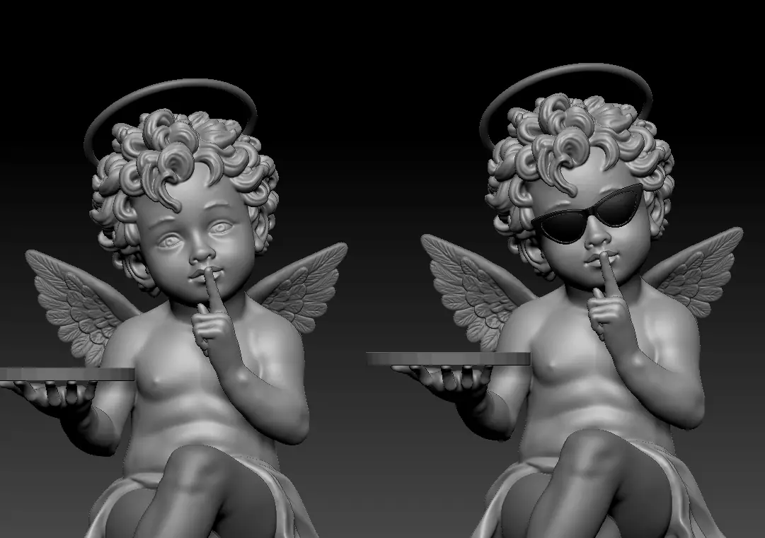 Las dos versiones del cupido en 3D, una sin gafas y otra con gafas de sol