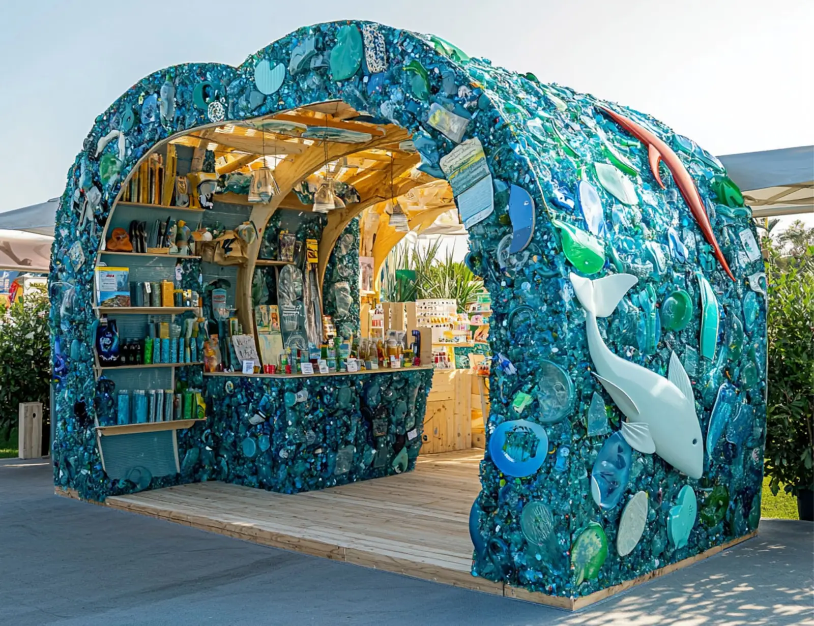 Quiosco con la fachada y el arco cubiertos de piezas en tonos azules y verdes y un delfín en relieve en el lateral