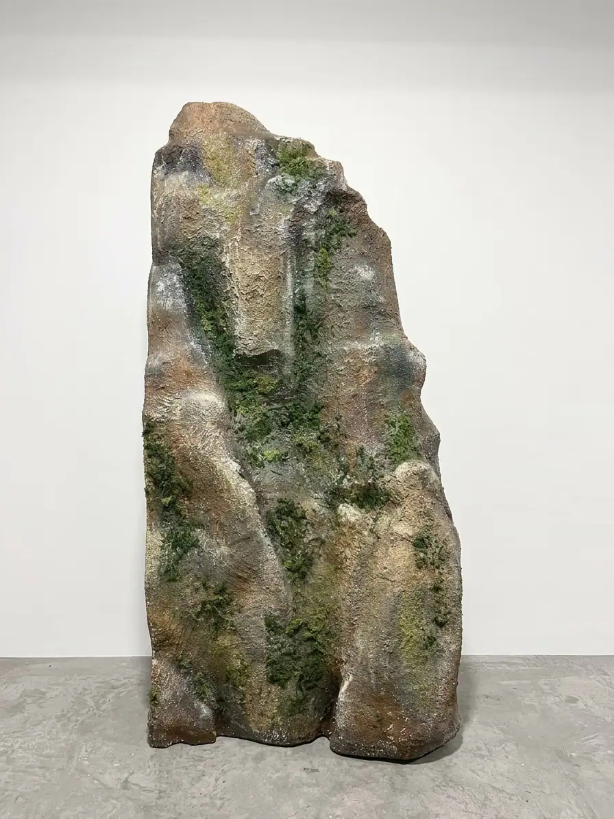Roca artificial alta con textura de piedra y musgo pintado a mano, terminada en el taller