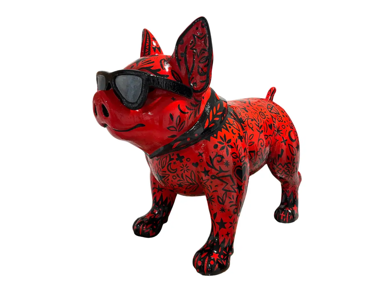 Figura de bulldog francés rojo con gafas de sol y el cuerpo decorado a mano con dibujos negros