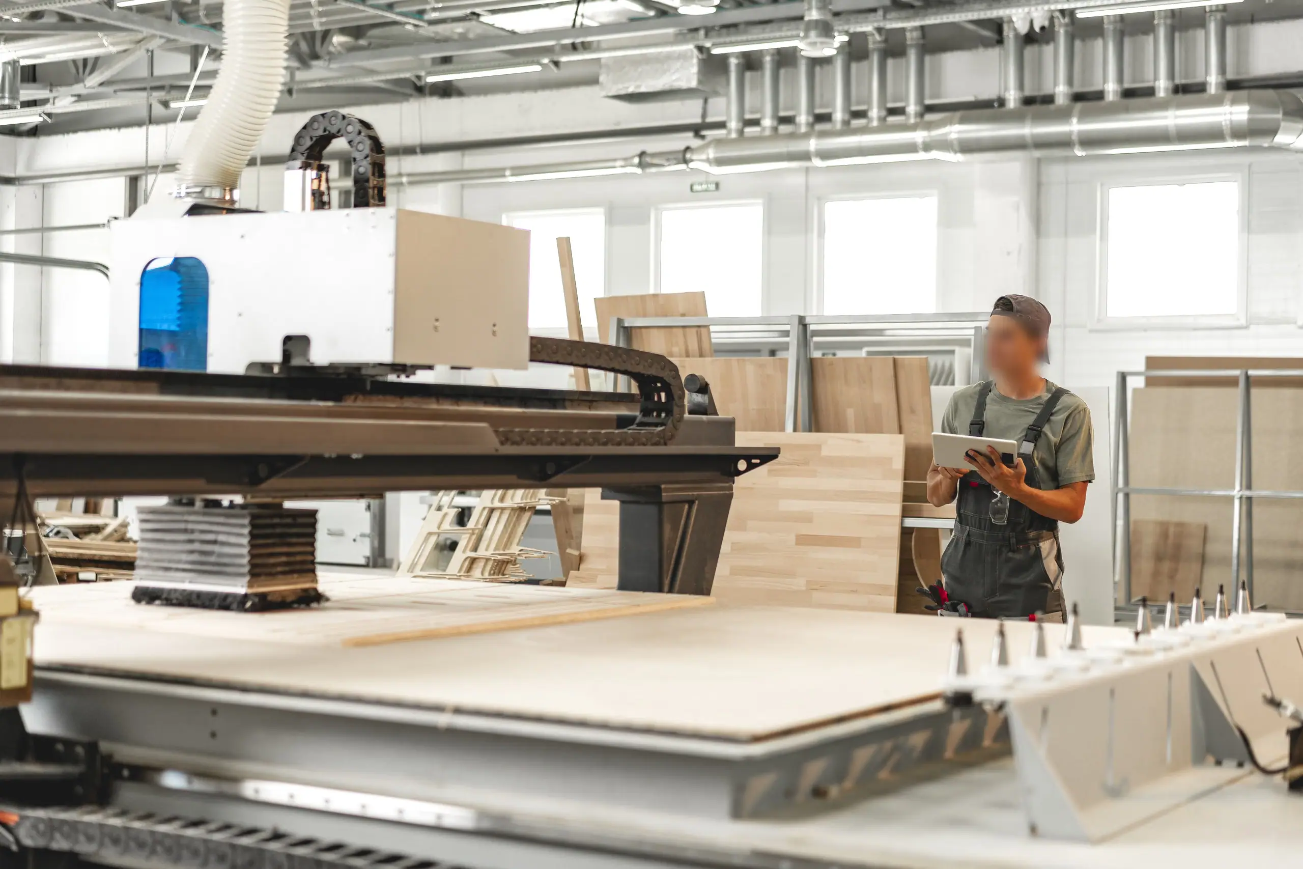 Operario con una tableta junto a una fresadora CNC en un taller de madera