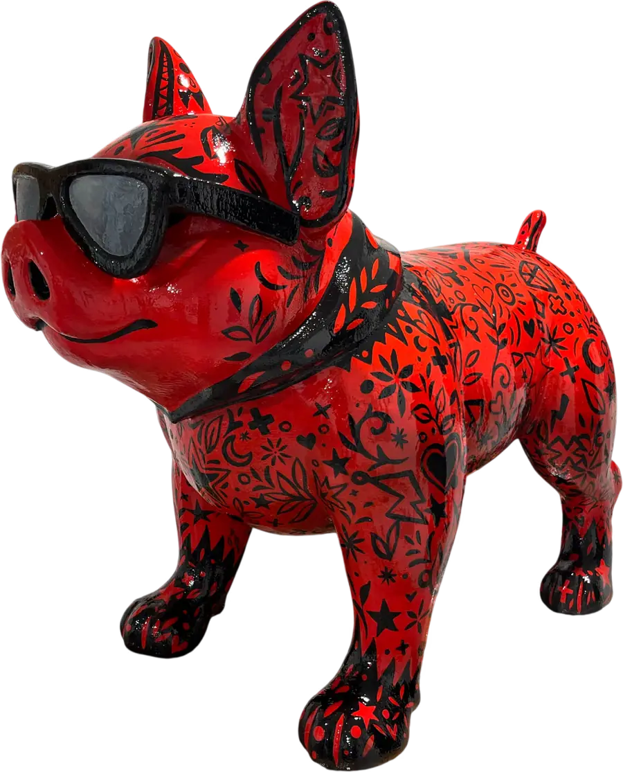Figura de bulldog francés rojo con gafas de sol y el cuerpo decorado a mano con dibujos negros
