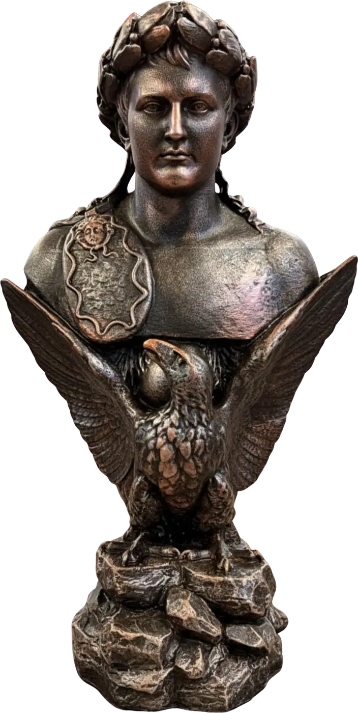 Busto con acabado cromado en tono bronce, con corona de laurel y un águila sobre una base de roca