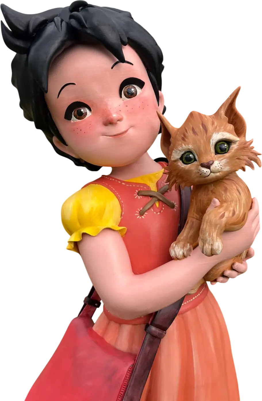 Primer plano de una figura de Heidi con su vestido rojo, abrazando a un gato, con la cara y el pelo pintados a mano
