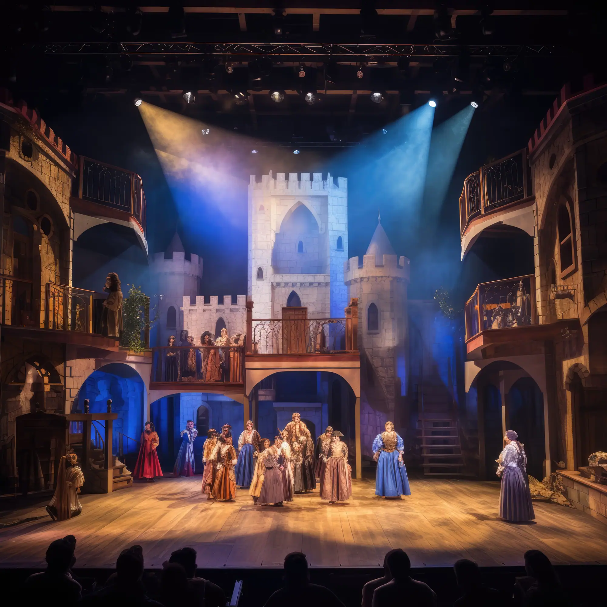 Decorado teatral de una plaza con un castillo al fondo, iluminado en un escenario durante la función